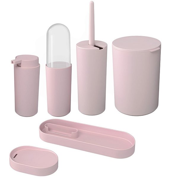 Kit Lixeira 5L Porta Escova Sanitária Dispenser Bandeja Saboneteira Banheiro Serene Rosa - 99417/2537 Coza