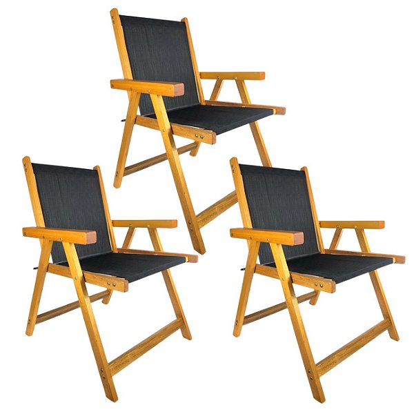 Kit 3 Cadeira De Madeira Dobrável Para Jardim Varanda Área Externa Camping Preto - AMZ