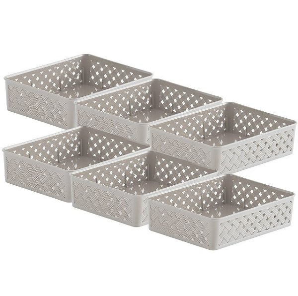 Kit 6 Cesto Organizador Gaveta Rattan Plástico Multiuso Quarto Armário 24x19x6,5cm - Paramount