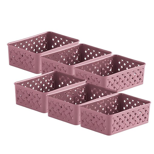 Kit 6 Cesto Organizador Gaveta Rattan 19x13x6,5cm Multiuso Meia Joia Rosa - Paramount