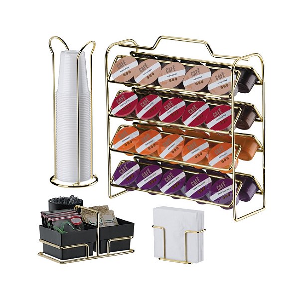 Kit Suporte Cápsulas Três Corações + Porta Guardanapos Copos Sachês Preto Dourado - Future