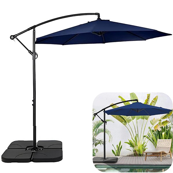 Ombrelone Lateral Suspenso 3m Kauai Azul com Base 60L Quadrada Jardim - AMZ