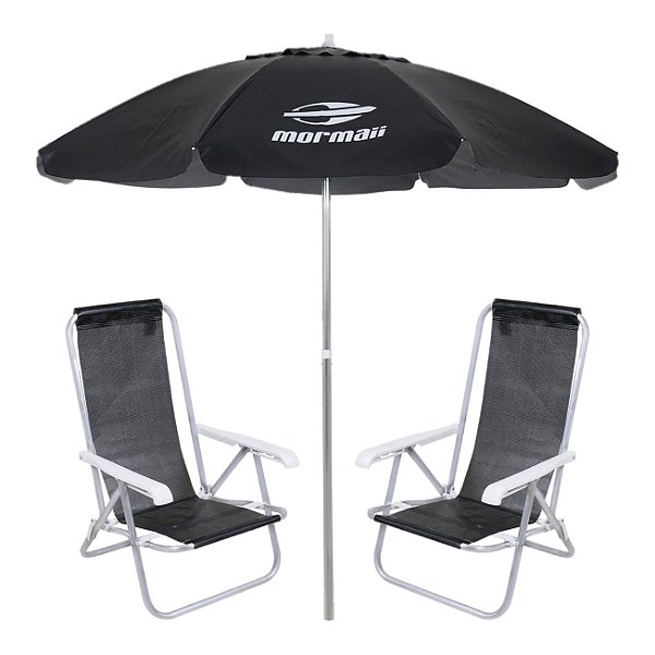 Kit 2 Cadeiras Reclinável Alumínio + Guarda Sol Bagum 2,4m Preto Mormaii - Belfix
