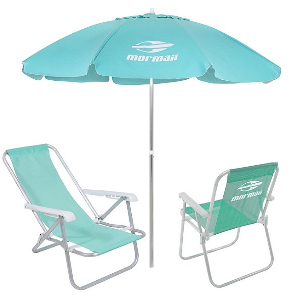Kit 2 Cadeiras Alta e Reclinável Alumínio + Guarda Sol Bagum 2,4m Verde Mormaii - Belfix