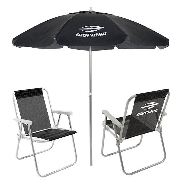 Kit 2 Cadeiras Alta Alumínio + Guarda Sol Bagum 2,4m Preto Mormaii - Belfix