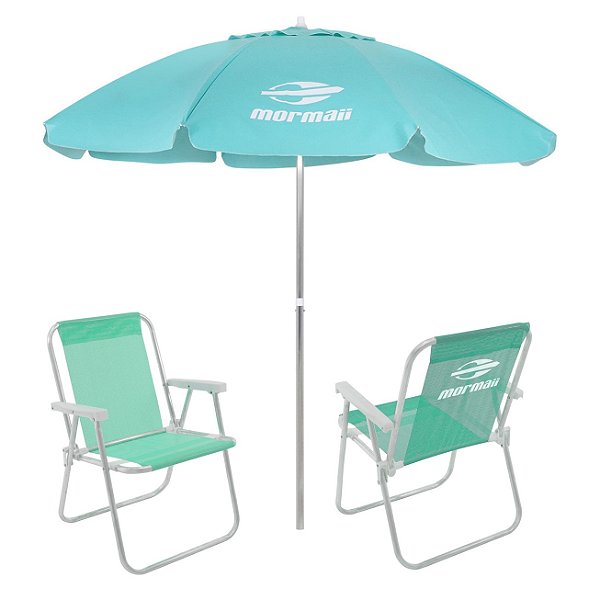Kit 2 Cadeiras Alta Alumínio + Guarda Sol Bagum 2,4m Verde Mormaii - Belfix