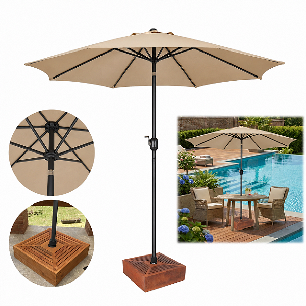 Kit Ombrelone Guarda Sol 3m Articulado Bege com Base Revestida Madeira Jardim Piscina Praia - AMZ