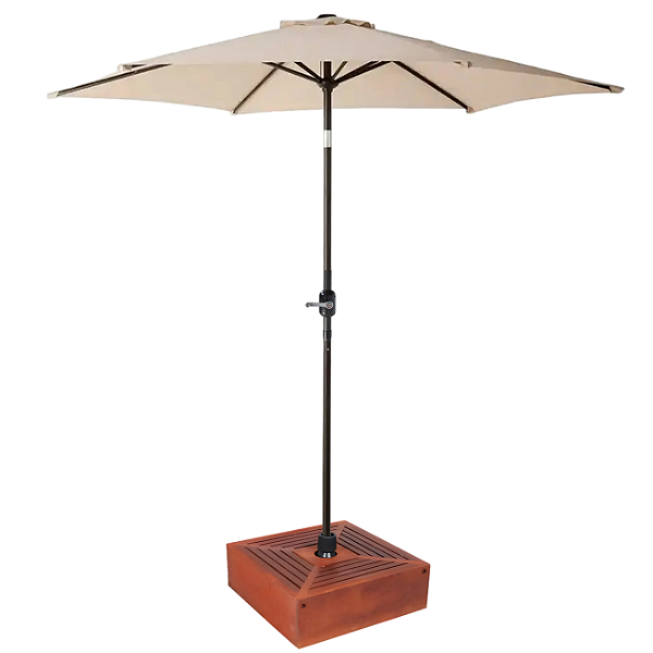 Kit Ombrelone Guarda Sol Ipanema 2,5m Articulado Bege com Base Revestida Madeira Jardim Piscina Praia - AMZ