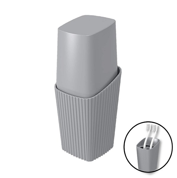 Porta Escova De Dente Creme Dental Com Tampa New Square Cinza Banheiro - 10450 Coza