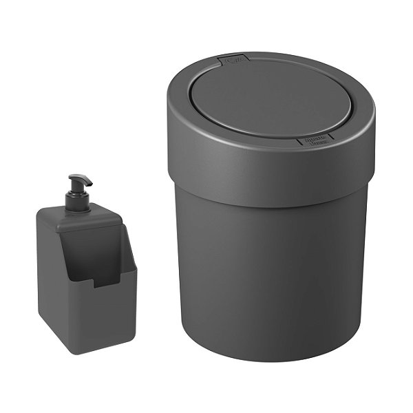 Kit Cozinha Dispenser Porta Detergente Lixeira Tampa Click 5,4L Chumbo - Coza