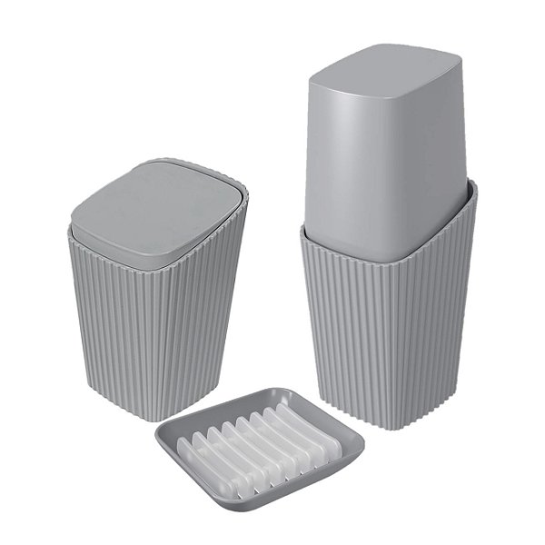 Kit Banheiro Porta Cotonete Escova Saboneteira New Square Cinza - Coza