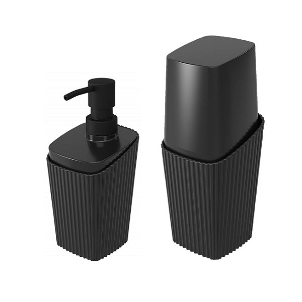 Kit Banheiro Porta Cotonete Dispenser Sabonete Líquido  New Square Preto - Coza