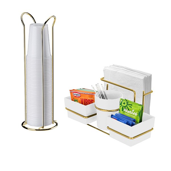 Kit Porta Sachê Guardanapo + Organizador Copos 200ml Cozinha Café Dourado - Future