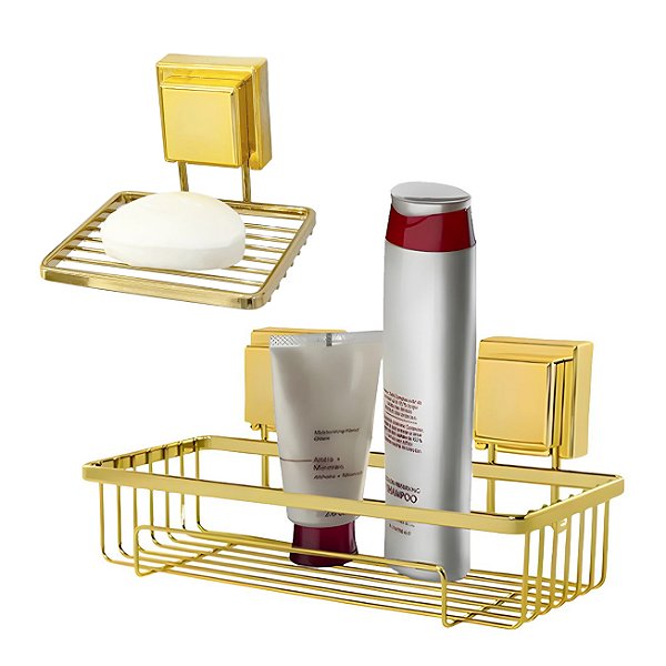 Kit Banheiro Suporte Porta Shampoo Saboneteira Ventosa Dourado - Future