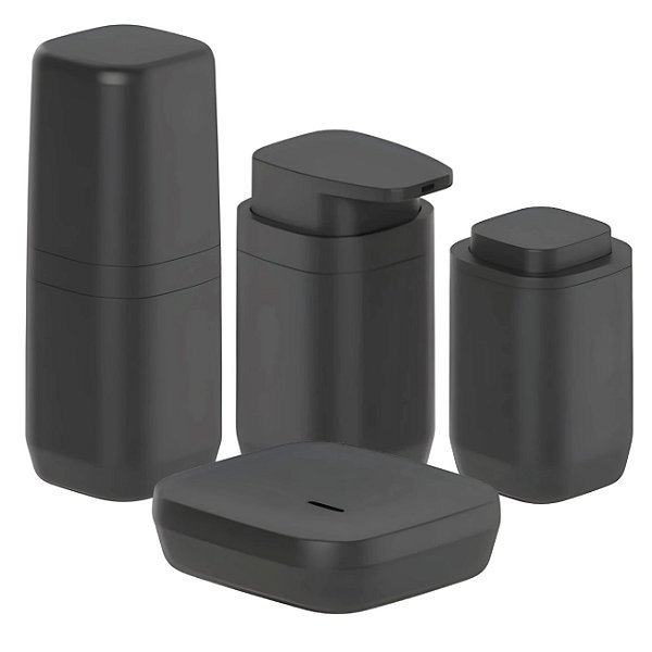 Kit Banheiro 4pç Saboneteira + Porta Escova + Dispenser + Suporte Cotonete Algodão Preto - Aura Ou