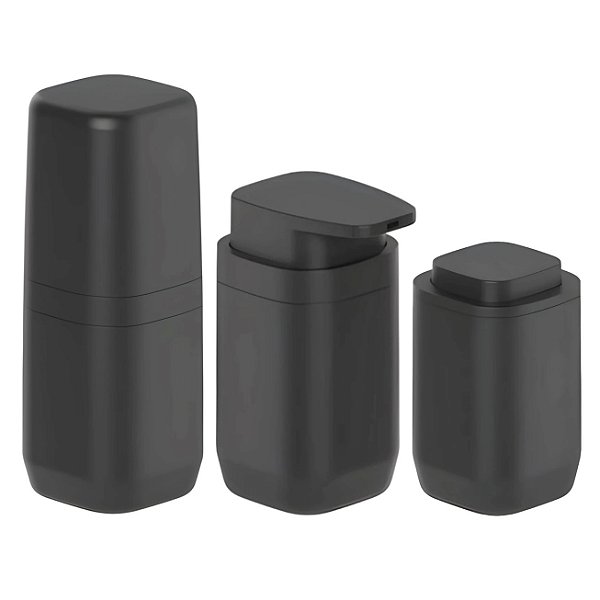 Kit Banheiro 3pç Porta Escova Cotonete Algodão + Dispenser Sabonete 380ml Preto - Aura Ou