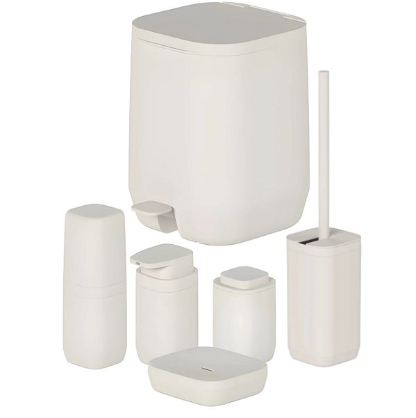 Kit Banheiro 6pç Lixeira 6L + Porta Sabonete Escova Cotonete Dispenser Bege - Aura Ou