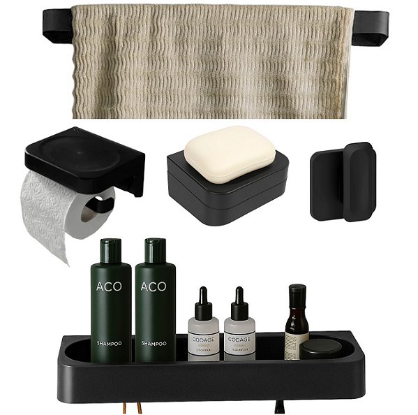 Kit Banheiro 5pç Saboneteira + Papeleira + Porta Shampoo + Toalheiro Gancho Com Adesivo Preto - Eleve Ou