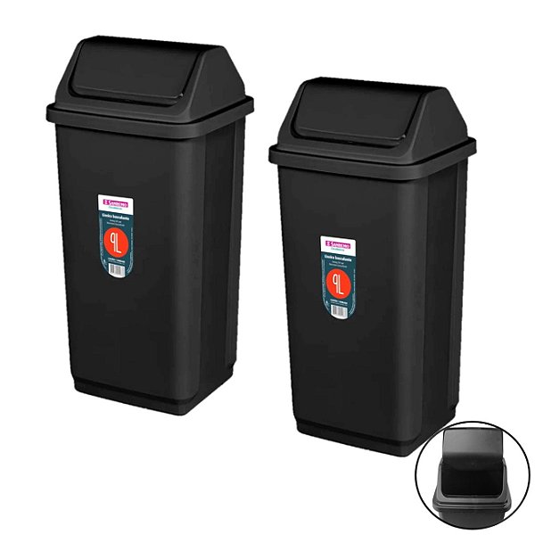 Kit 2 Lixeira Plástica 9 Litros Basculante Cesto De Lixo Preto Banheiro Cozinha - SR2209/20 Sanremo