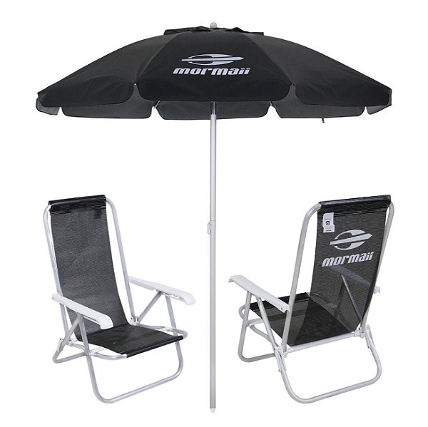 Kit 2 Cadeiras Reclinável Alumínio + Guarda Sol Bagum 2m Preto Mormaii - Belfix