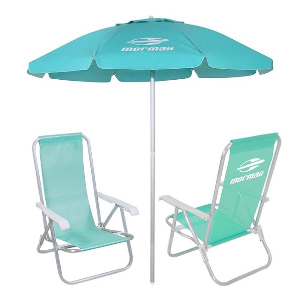Kit 2 Cadeiras Reclinável Alumínio + Guarda Sol Bagum 2m Verde Mormaii - Belfix