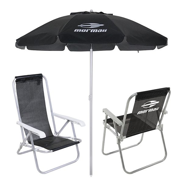 Kit 2 Cadeiras Alta e Reclinável Alumínio + Guarda Sol Bagum 2m Preto Mormaii - Belfix