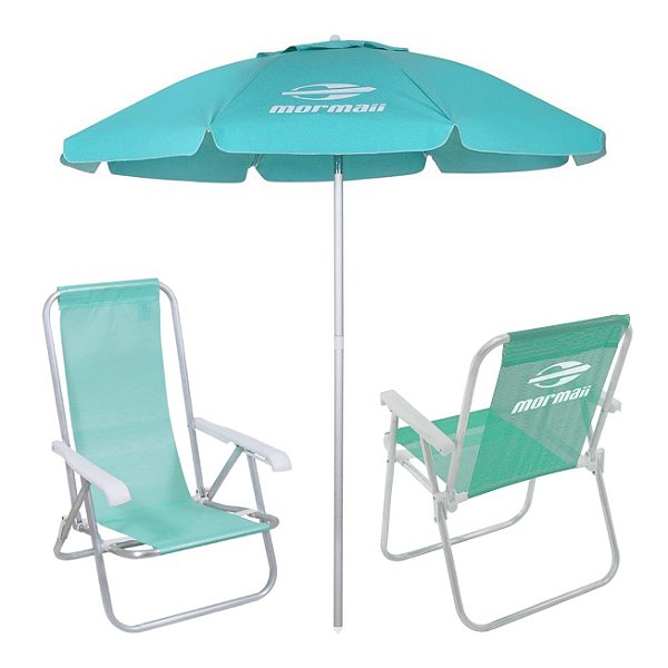 Kit 2 Cadeiras Alta e Reclinável Alumínio + Guarda Sol Bagum 2m Verde Mormaii - Belfix