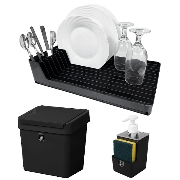 Kit Dispenser Sabonete Líquido + Escorredor de Louça + Lixeira 2,5 Litros Com Tampa Cozinha Preto - Pop Crippa