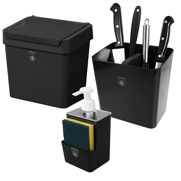 Kit Dispenser Sabonete Líquido + Escorredor Talher + Lixeira 2,5L Cozinha Preto - Pop Crippa