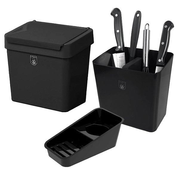 Kit Organizador de Pia + Escorredor Talheres + Lixeira 2,5 Litros Com Tampa Cozinha Preto - Pop Crippa