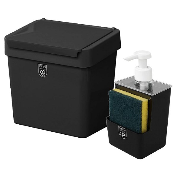 Kit Dispenser Sabonete Líquido + Lixeira 2,5 Litros Com Tampa Cozinha Preto - Pop Crippa