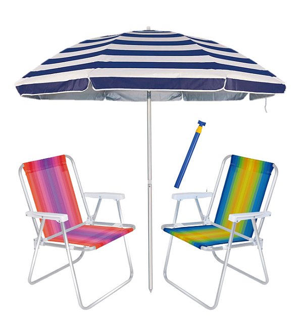 Kit Praia 2 Cadeira Alta Alumínio + Guarda Sol 2m Alum + Saca Areia Pressão - Mor