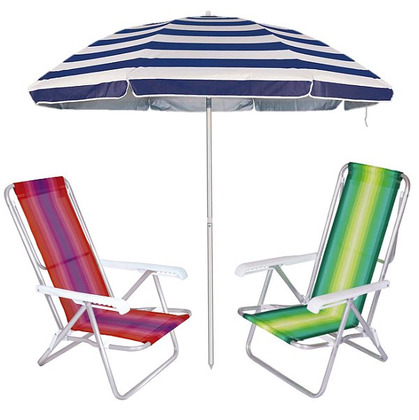 Kit Praia 2 Cadeira Reclinável 8 Pos Alumínio + Guarda Sol 2m Sombreiro Alum - Mor - Azul Listrado