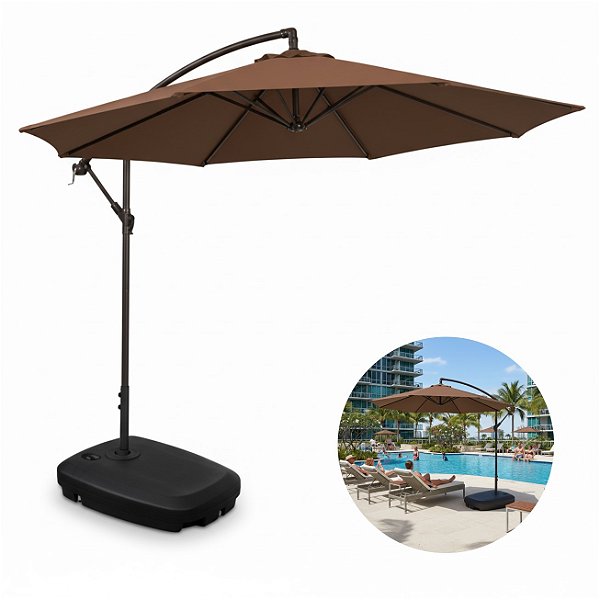 Kit Ombrelone Lateral Suspenso 3m Kauai Marrom + Base 55 Litros Piscina Jardim - AMZ