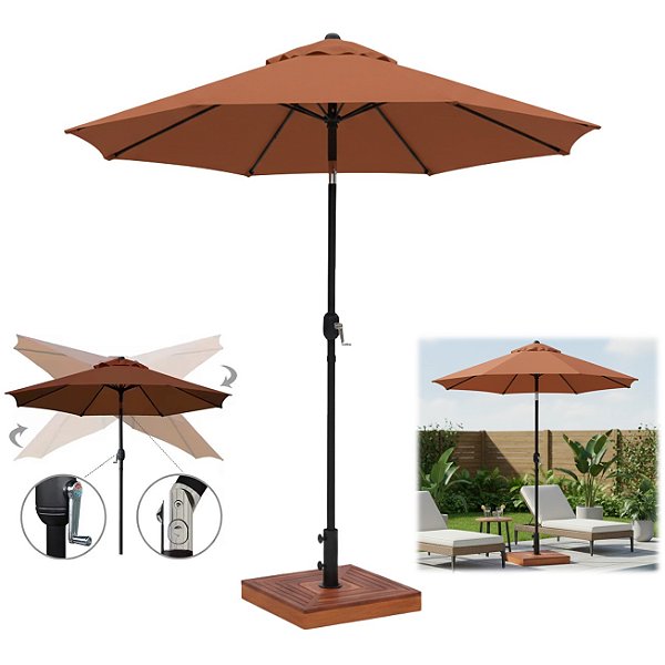 Kit Ombrelone Guarda Sol 3m Articulado Maresias Marrom Com Base Concreto Revestido Madeira - AMZ