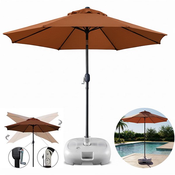 Kit Ombrelone Guarda Sol 3m Com Manivela Articulado Maresias Marrom Com Base Plástica Branca - AMZ
