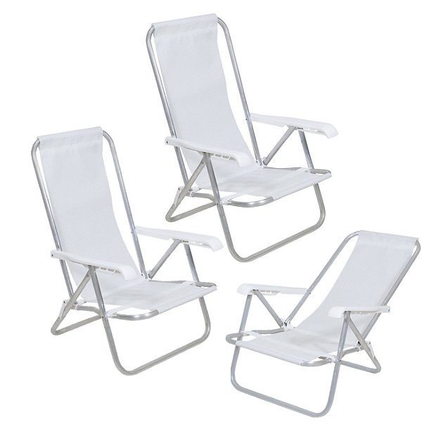 Kit 3 Cadeiras de Praia Reclinável 4 Posições Alumínio Lazy Sannet Branca - 023001 Belfix