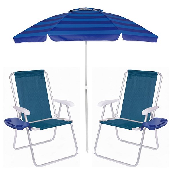 Kit Praia 2 Cadeiras Alta Mesa Portátil + Guarda Sol Premium 2m Bagum Alumínio Azul - Mor