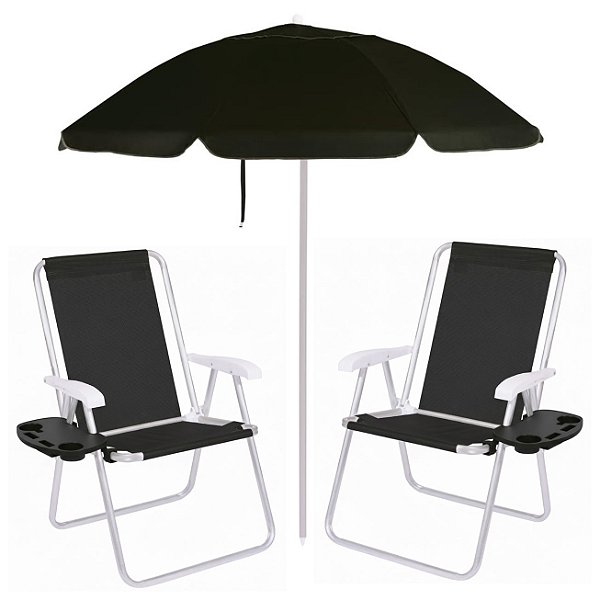 Kit Praia 2 Cadeiras Alta Mesa Portatil + Guarda Sol Premium 2m Bagum Alumínio Preto - Mor