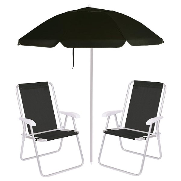 Kit Praia 2 Cadeiras Alta + Guarda Sol Premium 2m Bagum Alumínio Preto - Mor