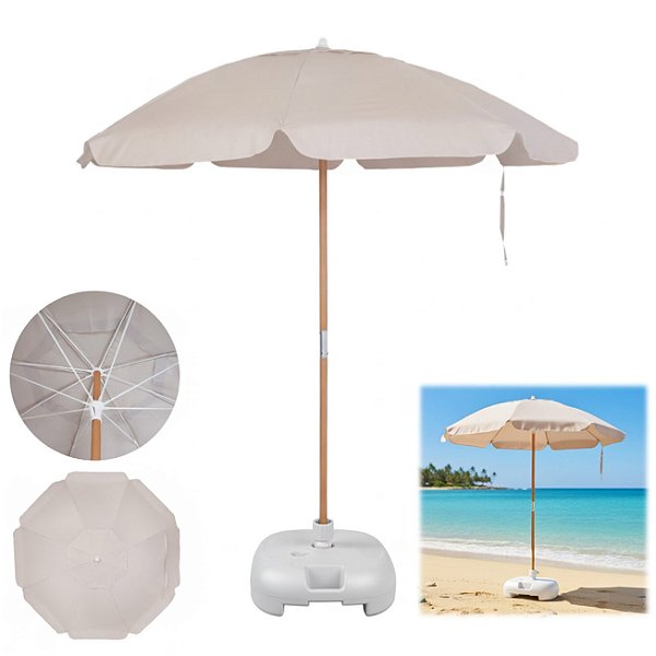 Guarda Sol Ombrelone Bagum 2 Metros Madeira Reforçado Bege Com Base Plástica Branca - Mor
