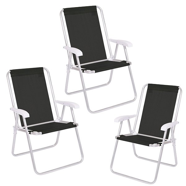 Kit 3 Cadeira Conforto Encosto Alto Alumínio Sannet Praia Piscina Preta - 2181 Mor