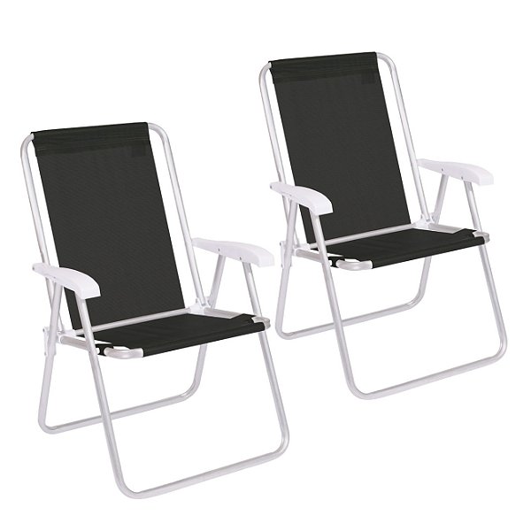 Kit 2 Cadeira Conforto Encosto Alto Alumínio Sannet Praia Piscina Preta - 2181 Mor