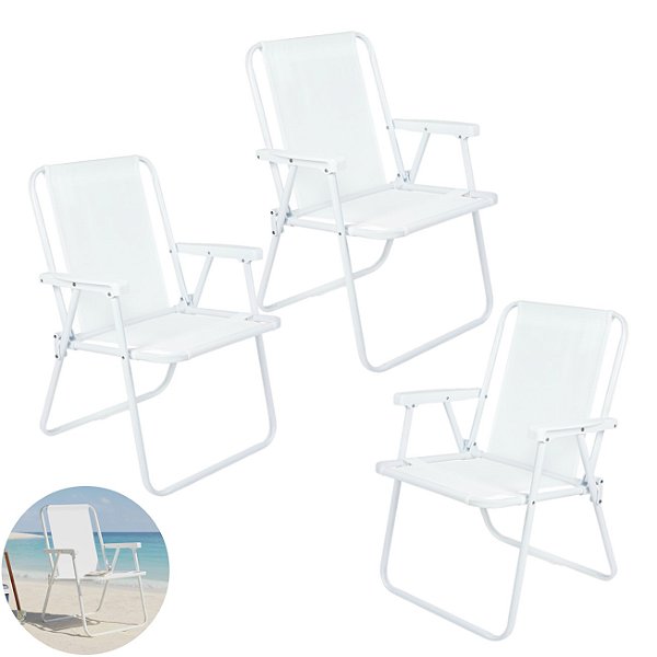 Kit 3 Cadeira de Praia Alta Piscina Jardim Aço Branca 110Kg - 2058 Mor