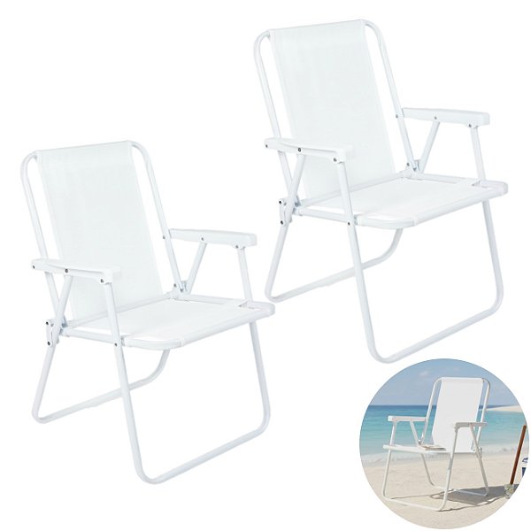Kit 2 Cadeira de Praia Alta Piscina Jardim Aço Branca 110Kg - 2058 Mor