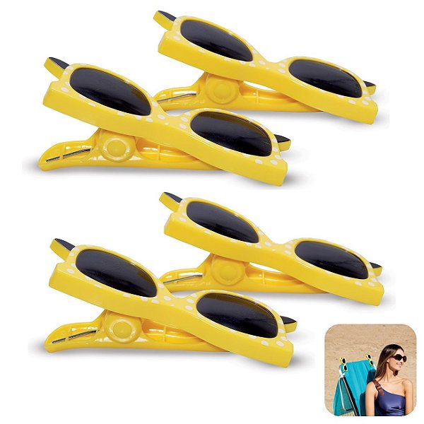 Kit 4 Prendedores De Toalha Óculos Clip Amarelo Cadeira De Praia - 3102 Tobee