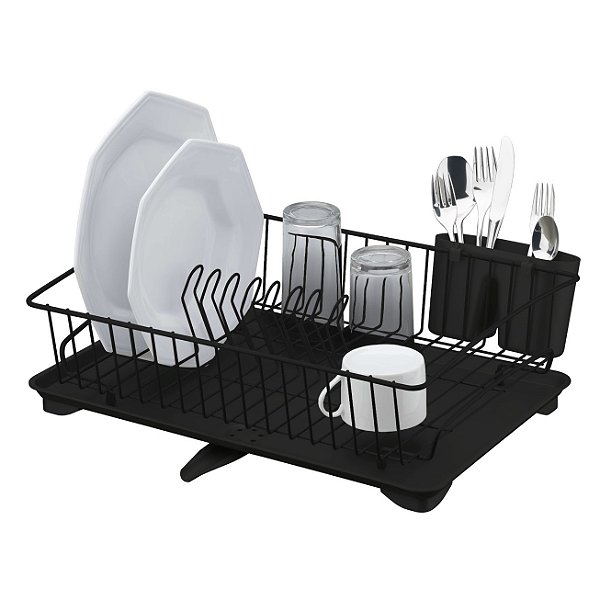 Escorredor de Louça Porta Talheres Prato Copos Com Bandeja Preto Fosco Cozinha - 1547PT Future