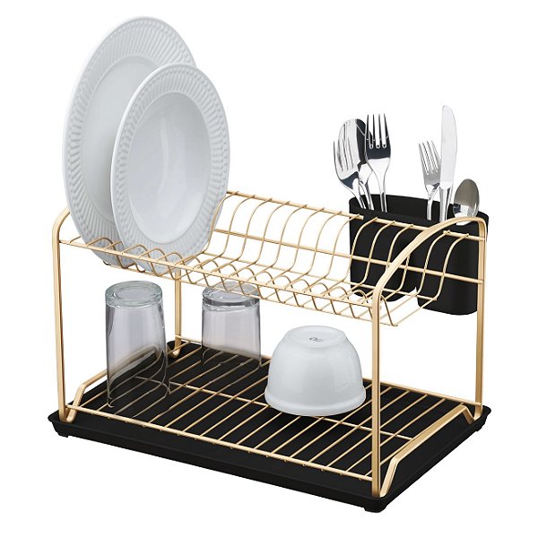Escorredor de Louça  Duplo Com Bandeja Porta Talheres Prato Copos Dourado - 1548DD Future