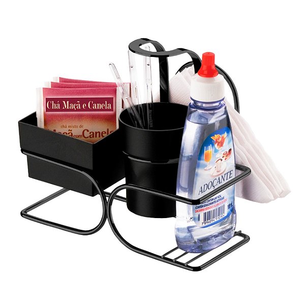 Suporte Porta Sachês Chá Mexedor Guardanapos Café Preto Fosco - 2248PT Future