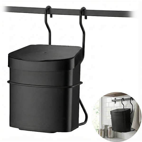 Lixeira 2,5L Com Suporte Preto Fosco Para Barra Parede Cozinha - 3245PT Future
